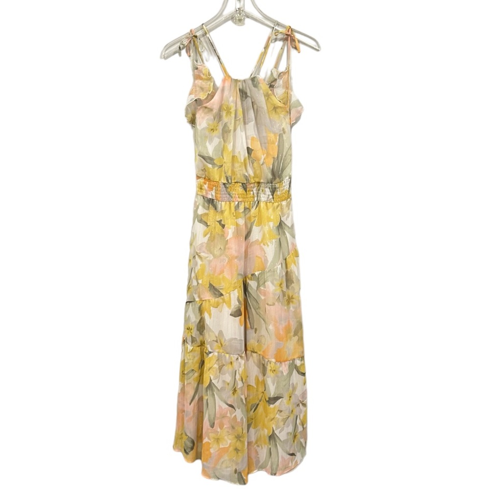 Zara Yellow Floral Chiffon Metallic Thread Cold Shoulder Halter Neck MIDI DRESS